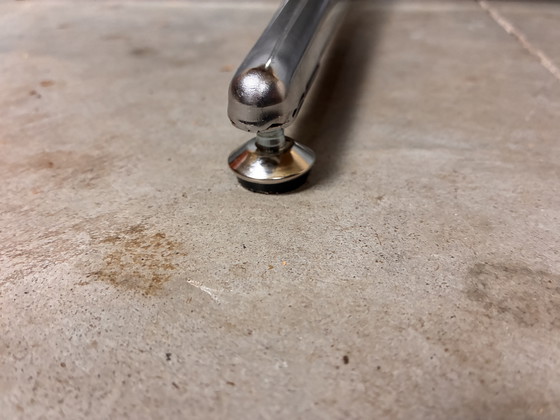 Image 1 of Round oak dining table with chrome base, vintage