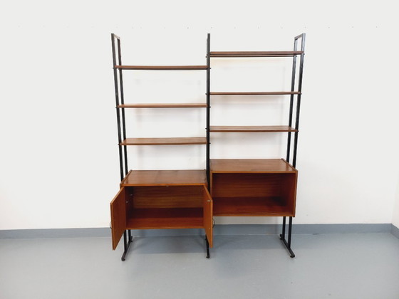 Image 1 of Vintage Italian double modular bookcase in teak and metal from the 1960s