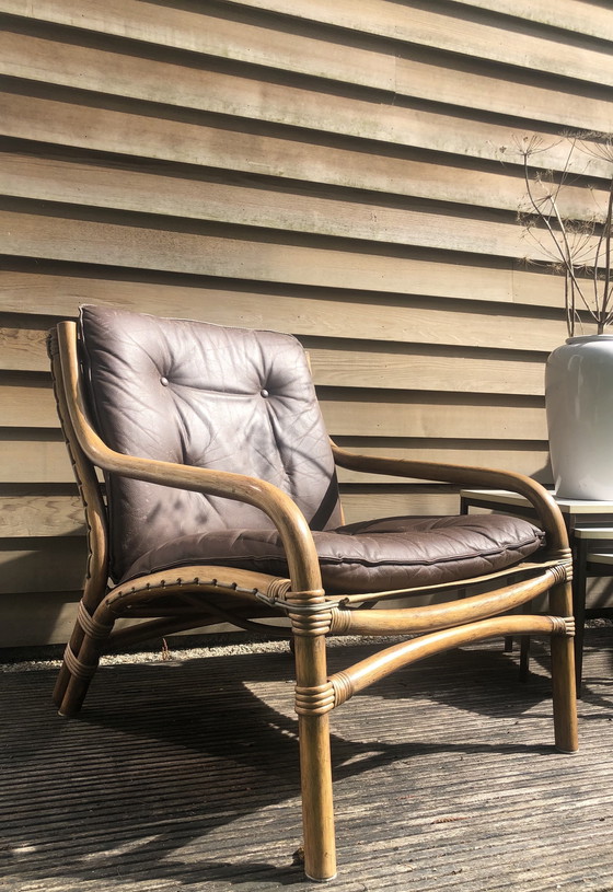 Image 1 of Ensemble vintage de fauteuils en bambou 1970 avec coussin en cuir
