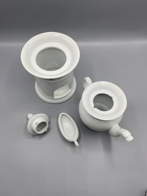 Complete White Porcelain Herbal Tea Set – Teapot, Warmer, and Cup – Circa – Crockery (photo 5 of 6)