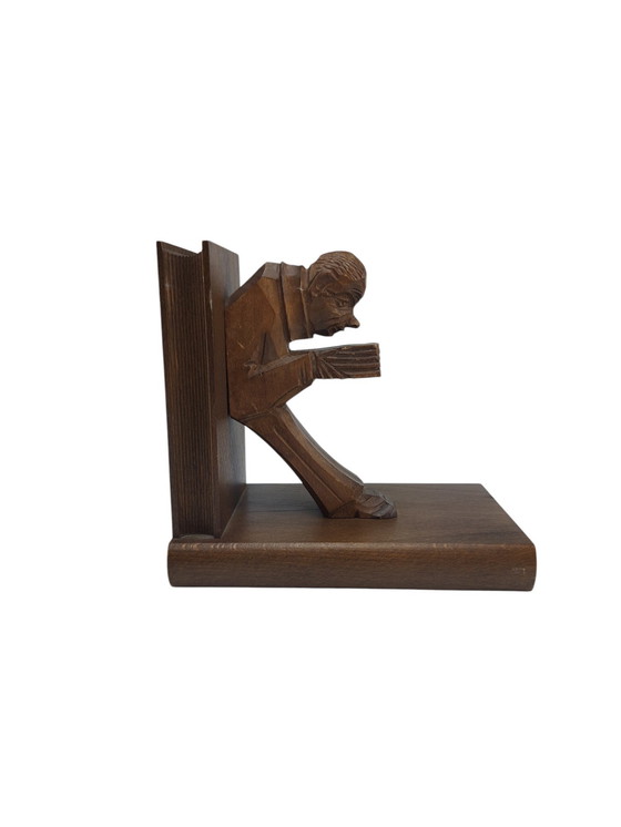 Image 1 of Serre-livres antique en bois sculpté à la main années 40 années 50