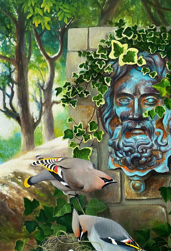 Original Oil Painting Nature Landscape Birds Ancient Garden – Paintings & Drawings, Canvas (photo 2 of 10)