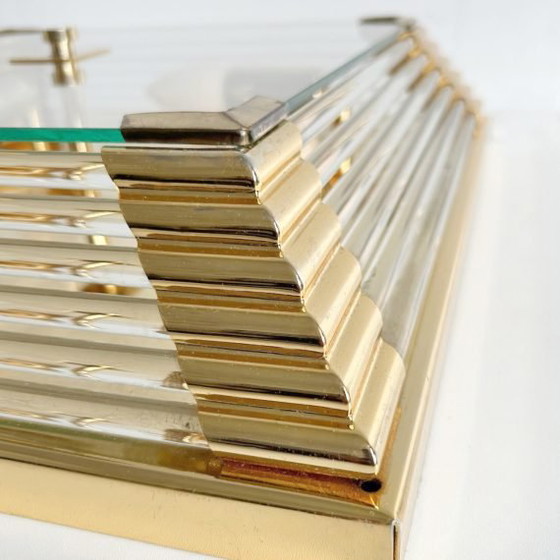 Image 1 of Lámpara de araña cuadrada de mediados de siglo, de cristal y latón, estilo Hollywood Regency, década de 1970