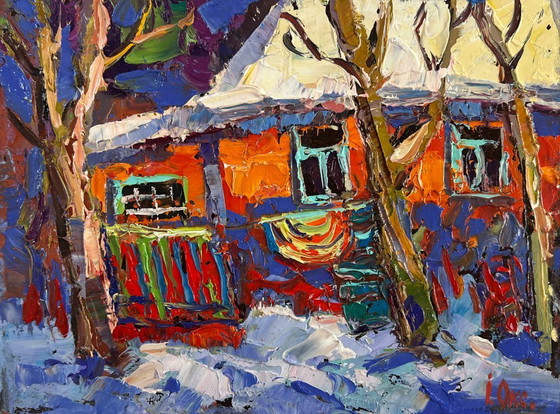 Image 1 of Original Oil Painting Frosty House Landscape The quiet beauty of a winter morning