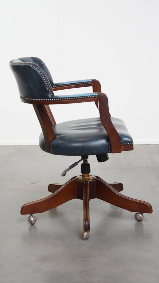 Image 1 of Blue cowhide leather and wood chesterfield office chair in English style