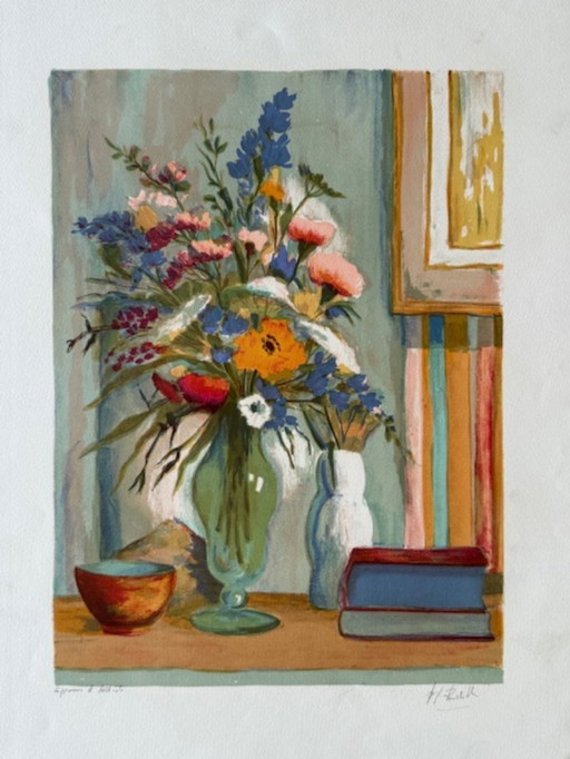 Litografia "Bouquet di fiori" di Pierre Marie Rudelle