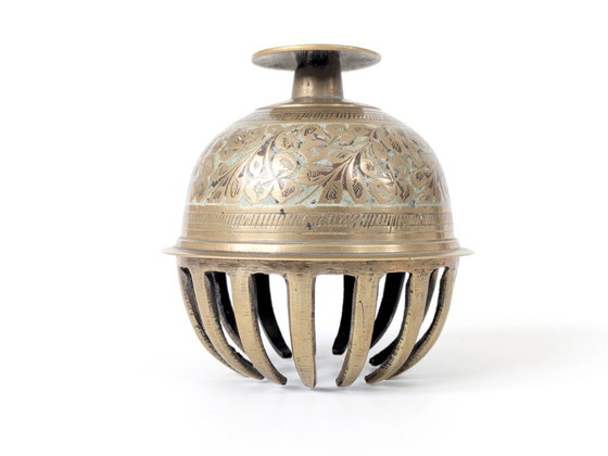 Image 1 of Vintage Solid Etched Brass Indian Elephant Claw Bell, Handcrafted Decorative Floral Table Bell
