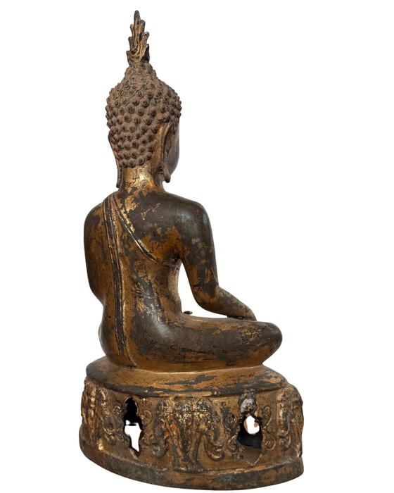 Buddha Lanna del XVIII secolo degno di un museo – Bronzo dorato a fuoco – Base di elefante – 43 cm – Sculture (photo 4 of 9)