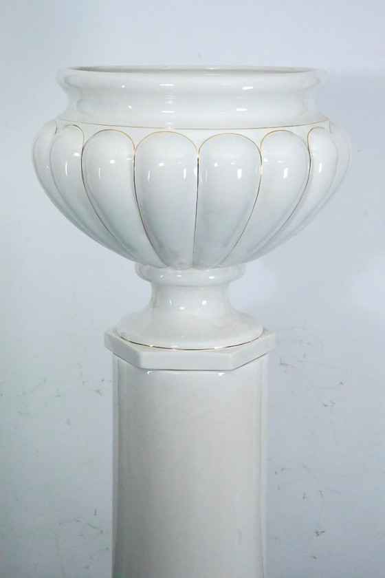 Image 1 of Tommaso Barbi Oversized White Ceramic Vase with Gold Details and Column, Italy 1970s