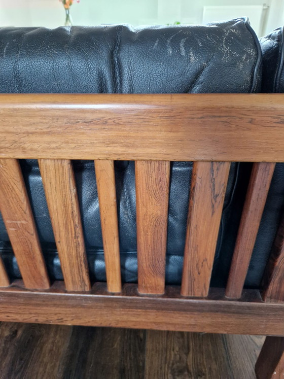 Image 1 of Mid-Century Modern Scandinavian Black Leather and Wood Monte Carlo Sofa by Ingvar Stockum, 1965