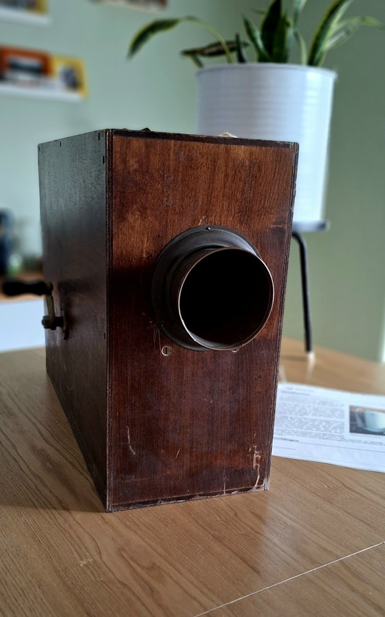 Image 1 of Antique hand-operated ship's fog horn in wooden resonance box – working – ca. 1900