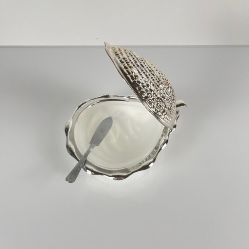 Beurrier vintage en métal "Huitre" et insert en verre, 1970