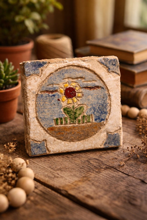 Céramique d'atelier brutaliste | Relief tournesol | Art populaire vintage années 1970