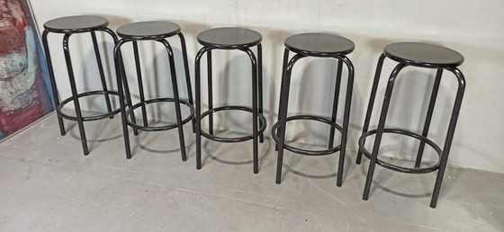 Image 1 of 5 x vintage black round bar stools 