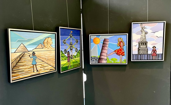 Image 1 of Beautiful series of 8 handmade paintings, theme ‘women and world buildings’.