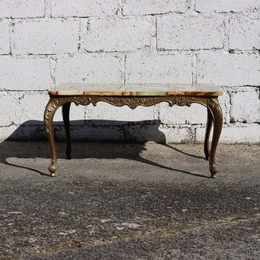  French Vintage Onyx Marble and Brass Coffee Table -Marble Cocktail Table-Lounge Table-Baroque Style-60s