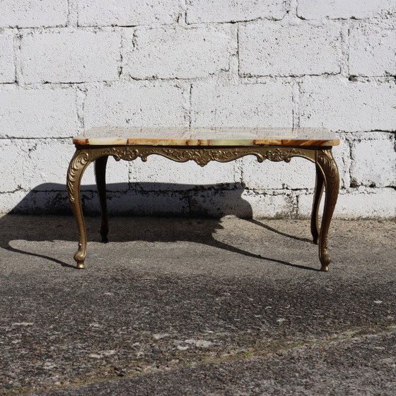 Image 1 of  French Vintage Onyx Marble and Brass Coffee Table -Marble Cocktail Table-Lounge Table-Baroque Style-60s