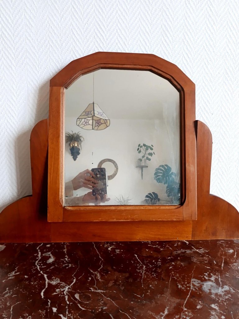 Coiffeuse Ancienne En Bois Et Marbre - Blanc Et Gris Clair - 80x50x107 Cm