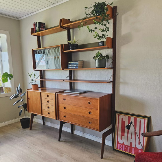 Image 1 of Mid-Century Scandinavian Teak Wall Unit, Modular Shelving by John Texmon & Einar Blindheim, 2-Piece Blindheim Mobelfabrikk