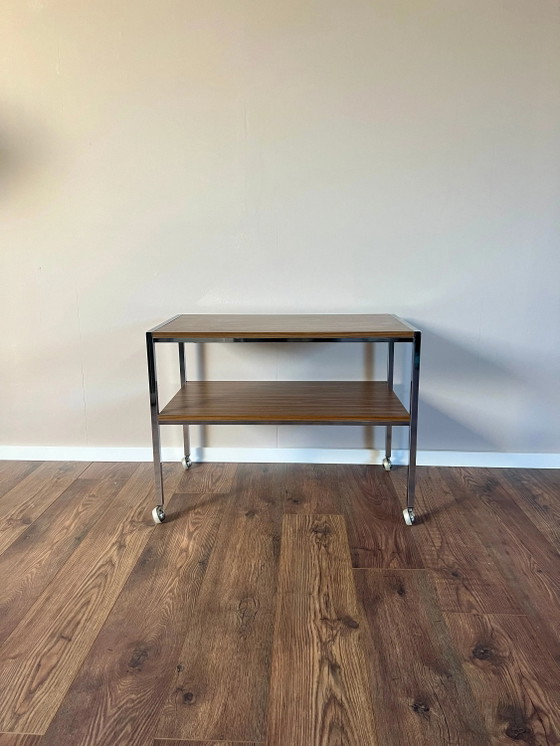 Mid Century Chrome and Teak Formica Serving Trolley, 1970s, Space Age Serving Trolley, Vintage Rolling TV Cart (photo 5 of 9)