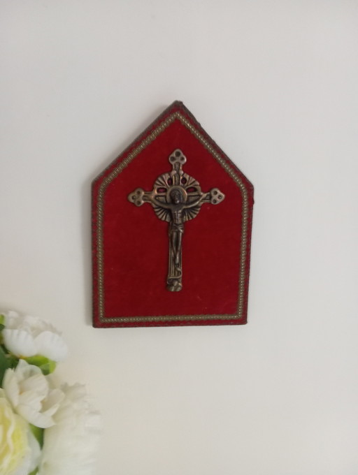 Antique Bronze Cross / Crucifix Mural On Bordeaux Velvet