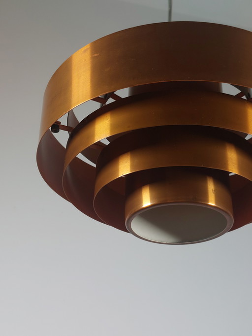 Lampada a sospensione vintage di metà secolo in rame ultra lucido Jo Hammerborg Fog Morup Danimarca