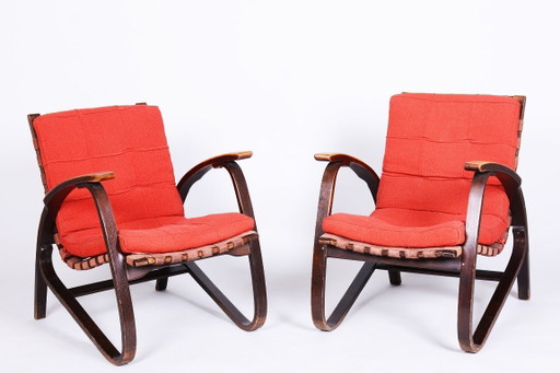 Pair of Restored Art Deco Armchairs, Designed by Jan Vaněk, Oak, Czech, 1940s – fauteuils, Textile, Wood
