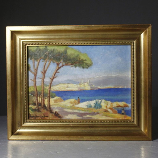 Signiertes gerahmtes Ölgemälde auf Leinwand, Ansicht von Nizza Côte d'Azur 20. Jh.