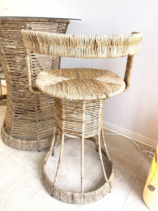 Bancone da giardino in rattan e vetro con due sgabelli - anni '70 – loungesets, Wicker (photo 2 of 12)