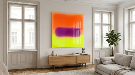 Exhibition piece – Abstract color field painting in neon orange and purple | 95 × 95 cm | 5 mm acrylic glass (photo 7 of 7)
