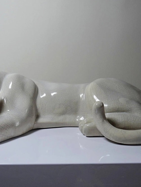 Large elongated panther in crackled earthenware, vintage 1960s-1980s. – Decorative Objects, Porcelain (photo 6 of 16)
