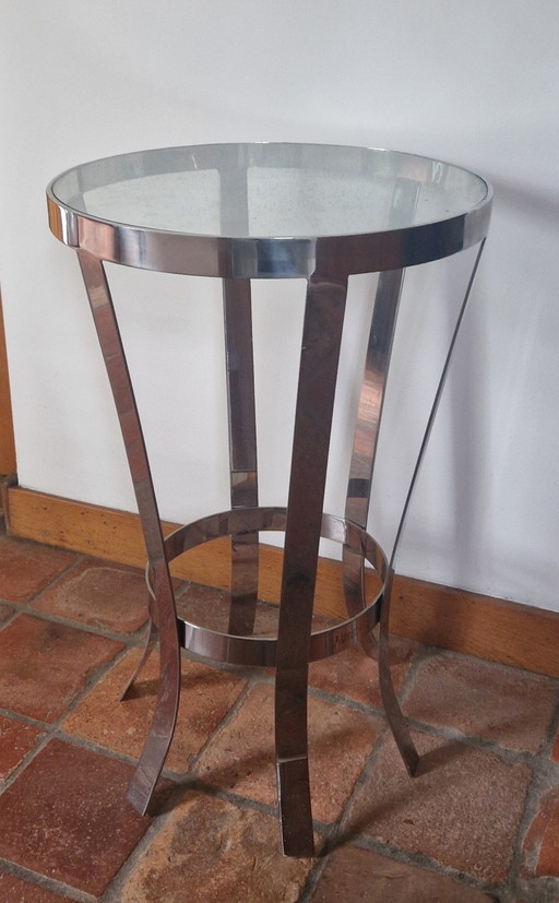 Vintage Rond Bijzettafeltje Chroom Met Glas 40 Doorsnede 