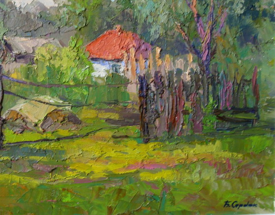 Origineel Olieschilderij Landelijk Landschap Zomerdorp Wit Huis – Schilderijen & Tekeningen, Canvas (photo 4 of 8)