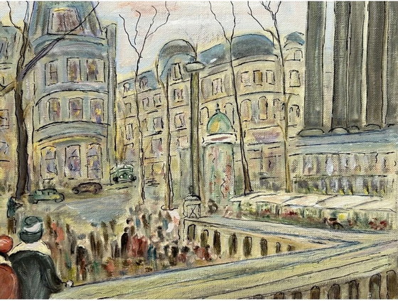 Image 1 of Vintage olieverfschilderij van Caroline Bennett uit het midden van de 20e eeuw met een stadsgezicht van Parijs.
