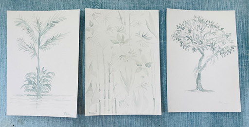 Set of 3 signed watercolor landscape paintings in sage green monochrome