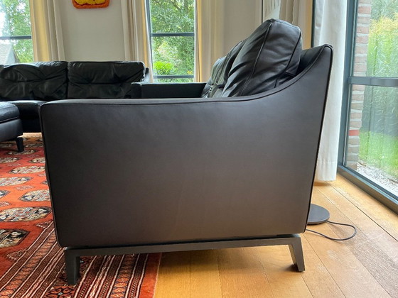 Image 1 of 1 x three-seater, 1 x two-seater + footstool, dark brown leather, by Durlet, salon Aspe leather Elite 8205.