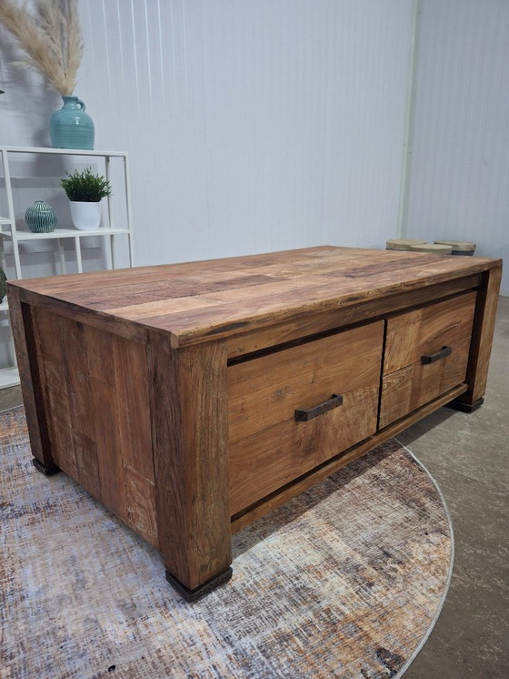 Image 1 of Table basse en teck recyclé avec 4 tiroirs, neuve