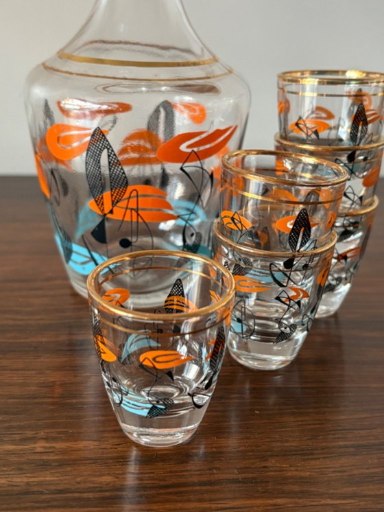 Image 1 of Magnifique ensemble de carafe à liqueur de style atomique des années 1960