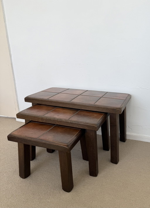 Vintage set of 3 ceramic tile tables – retro design – 1970s – bijzettafels, Wood, Stone (photo 2 of 8)