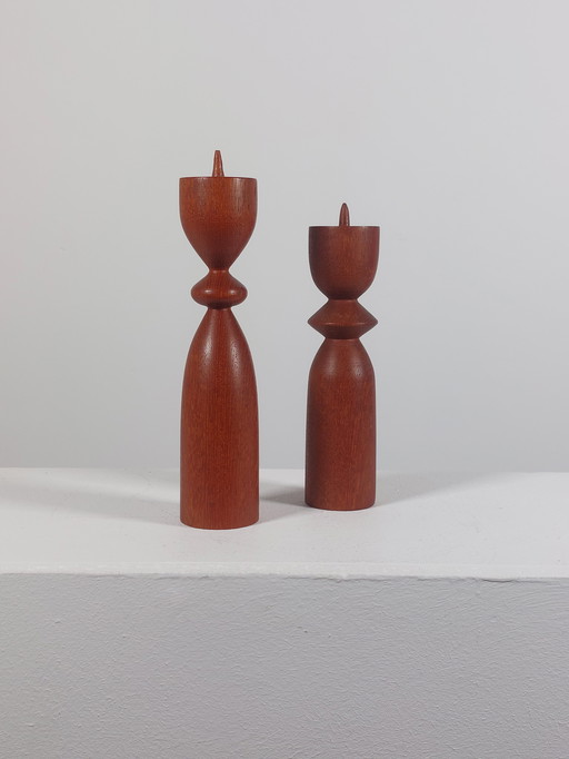 Pair of sculptural wooden teak candlesticks, Scandi style