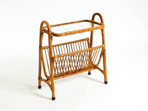 Beautiful Italian 1660s small bamboo side table with glass top and magazine rack
