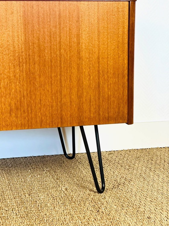 Image 1 of Low Scandinavian teak sideboard with 4 doors and hairpin metal legs, 1960