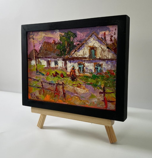 Original Oil Painting Rural Evening Landscape Pink Sunset Over The Village