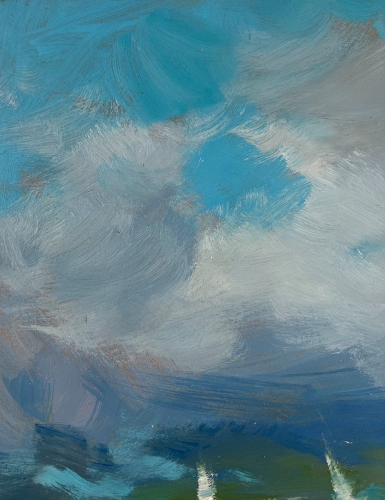 Image 1 of Peinture à l'huile originale Paysage côtier d'été Vagues de la mer et cris de mouettes