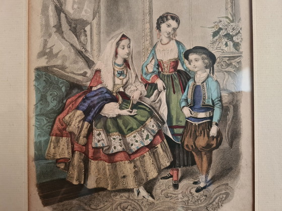 Coppia di incisioni (1858-1860) Anaïs Toudouze e J. Desjardins Set di 2 incisioni su acciaio colorate a mano (photo 3 of 8)