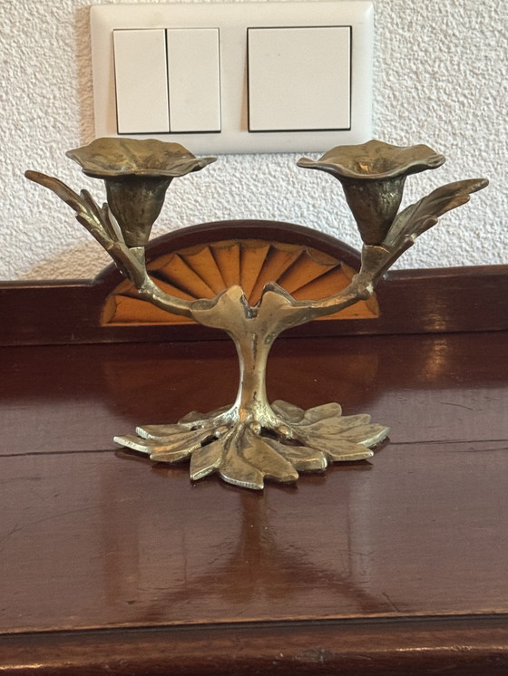 Image 1 of 🕯️ Bronzen Art Nouveau tweearmskandelaar | handgegoten, massief, authentieke patina | 1890–1920