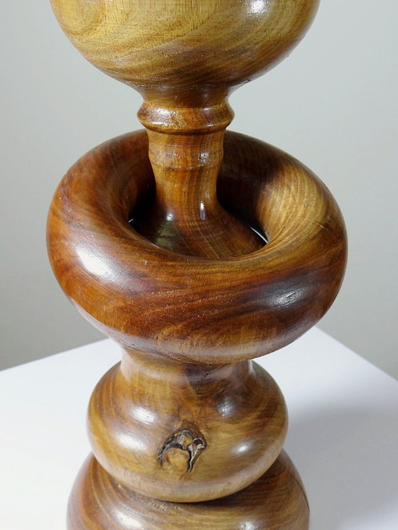 Image 1 of Impressive vintage Scandinavian style lamp, designed in carved turned wood with a ring