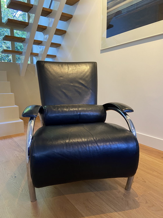 Image 1 of Fauteuil Molinari en cuir noir avec coussin à roulettes
