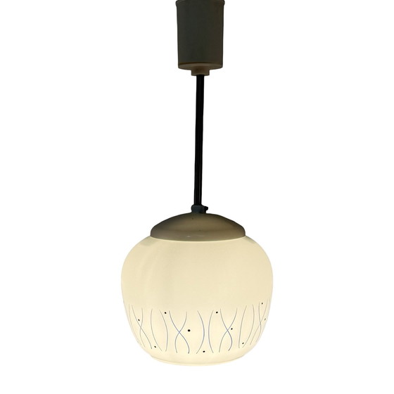 Image 1 of Ca. 1950’s MCM Pendant lamp - Frosted / semi translucent white glass with blue motive - Including ceiling mounted canopy - Easte