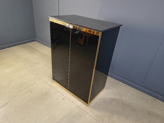 Image 1 of Bar de style Maison Jansen en laque noire et marbre, années 1970